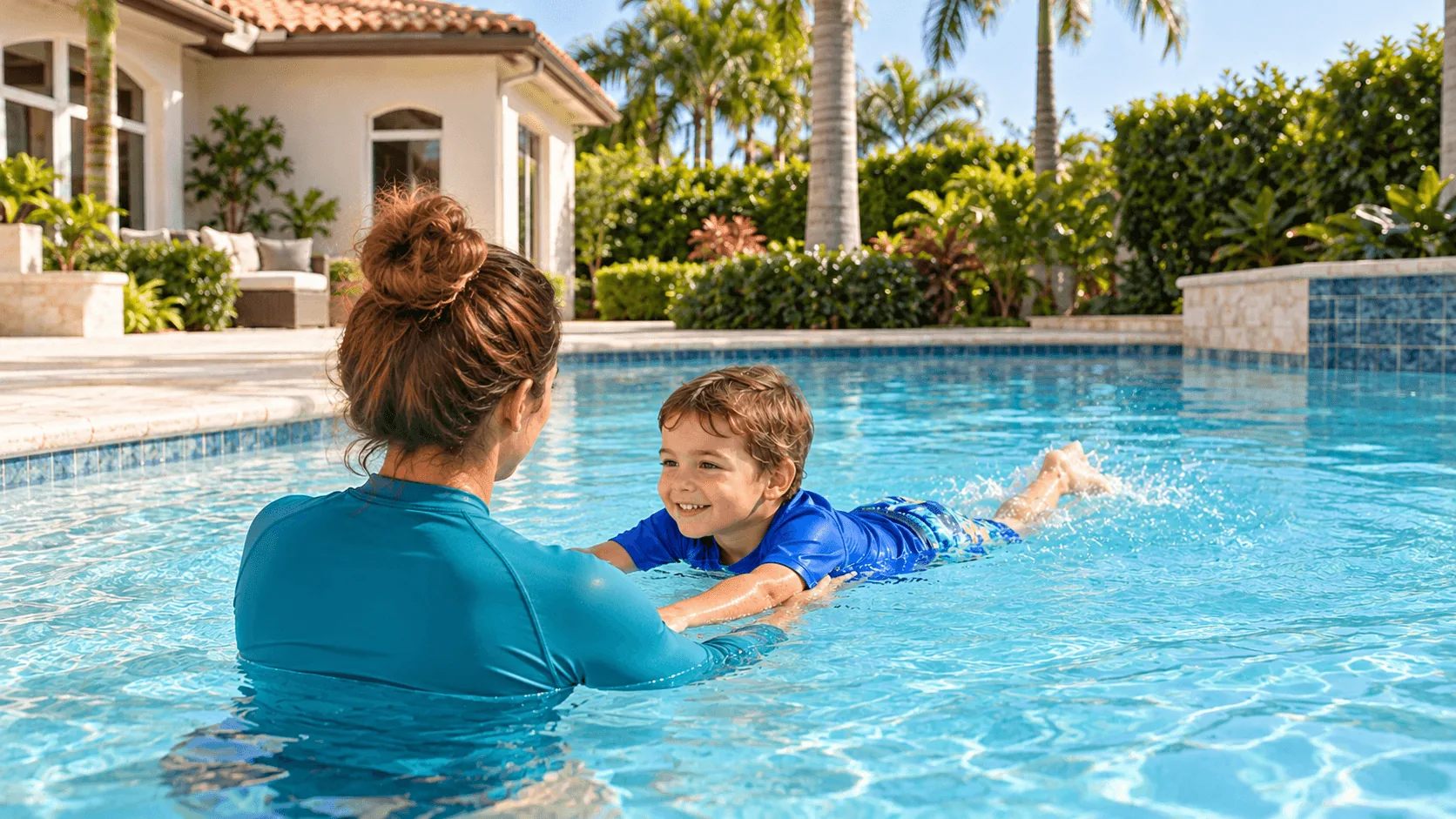 Swim instructor guiding a young boy through a glide in a backyard pool